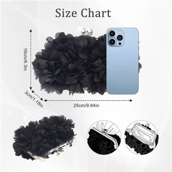 Elegant Black Evening Purse Small Floral Clutch Bag with Detachable Chain Strap - Picture 3 of 8